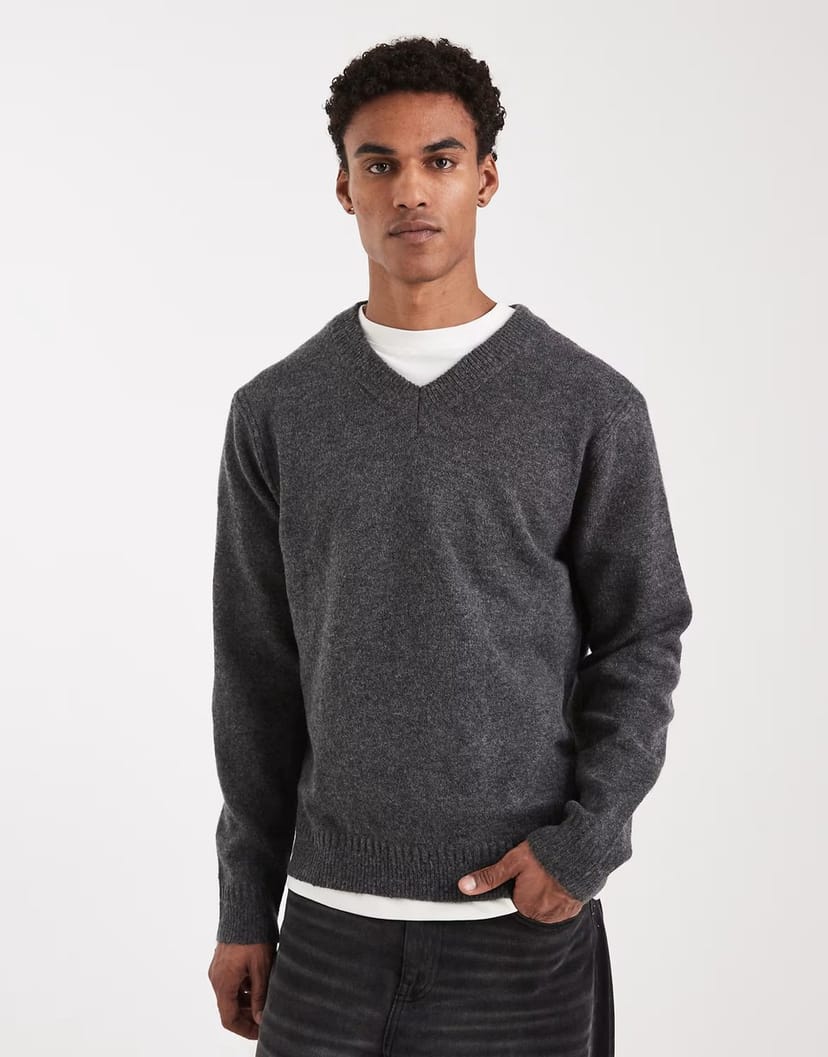 ASOS ONLY & SONS brushed knit v neck jumper in dark grey - 1