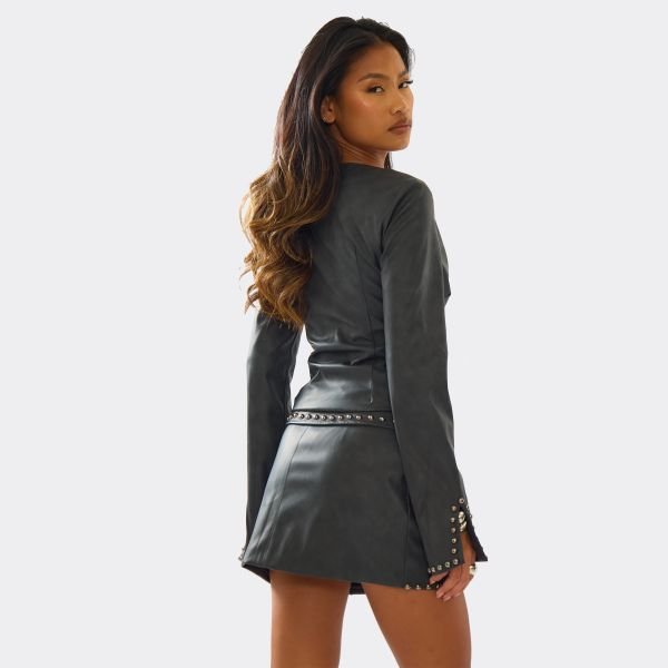 EGO Low Waist Studded Belt Detail Mini Skirt In Charcoal Grey Faux Leather, Women's Size UK 6 - 2