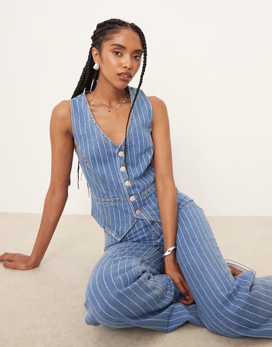 ASOS Nobody's Child Stockwell denim waistcoat co-ord in blue pinstripe