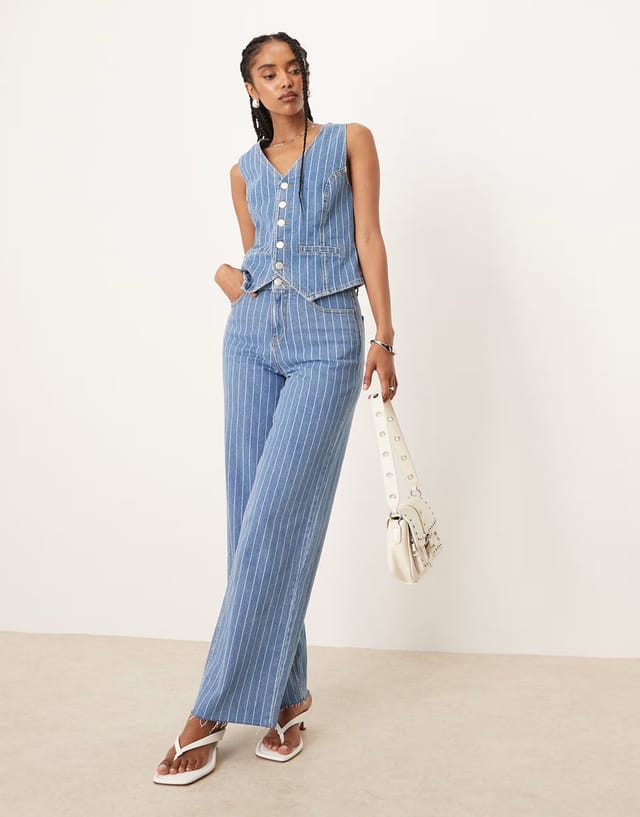 ASOS Nobody's Child Stockwell denim waistcoat co-ord in blue pinstripe - 2