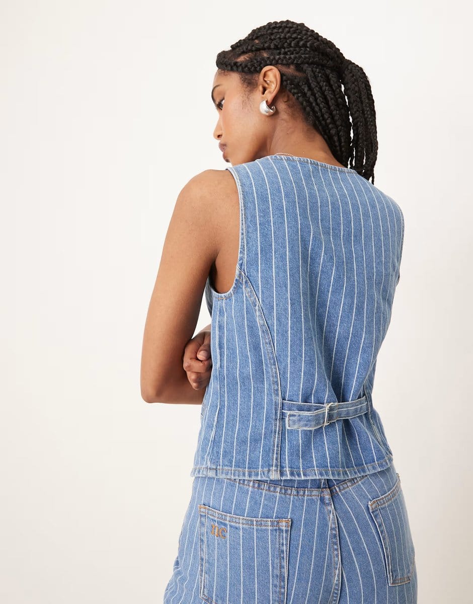 ASOS Nobody's Child Stockwell denim waistcoat co-ord in blue pinstripe - 4