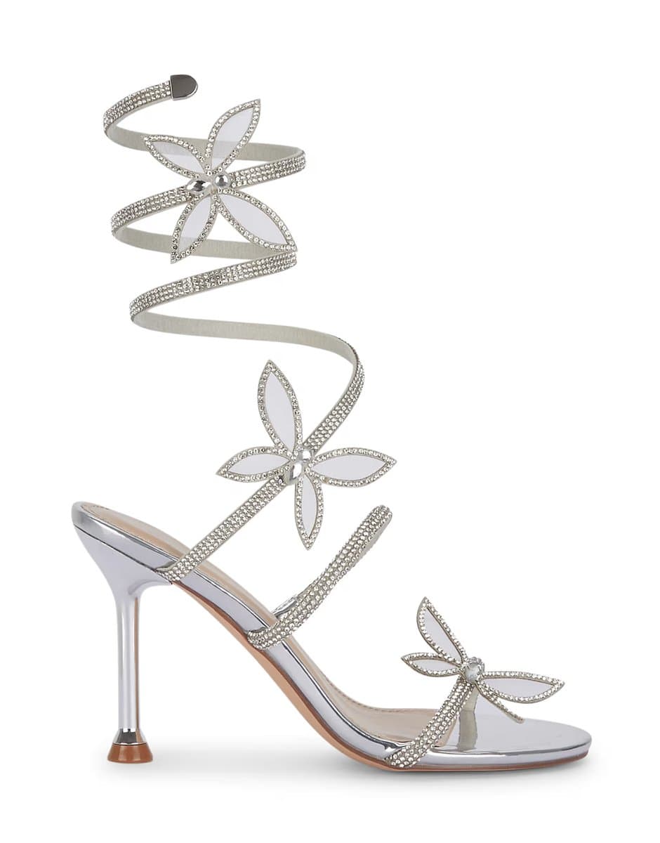 ASOS SEQWL Strappy high heel stiletto shoes slip on party sandals in silver