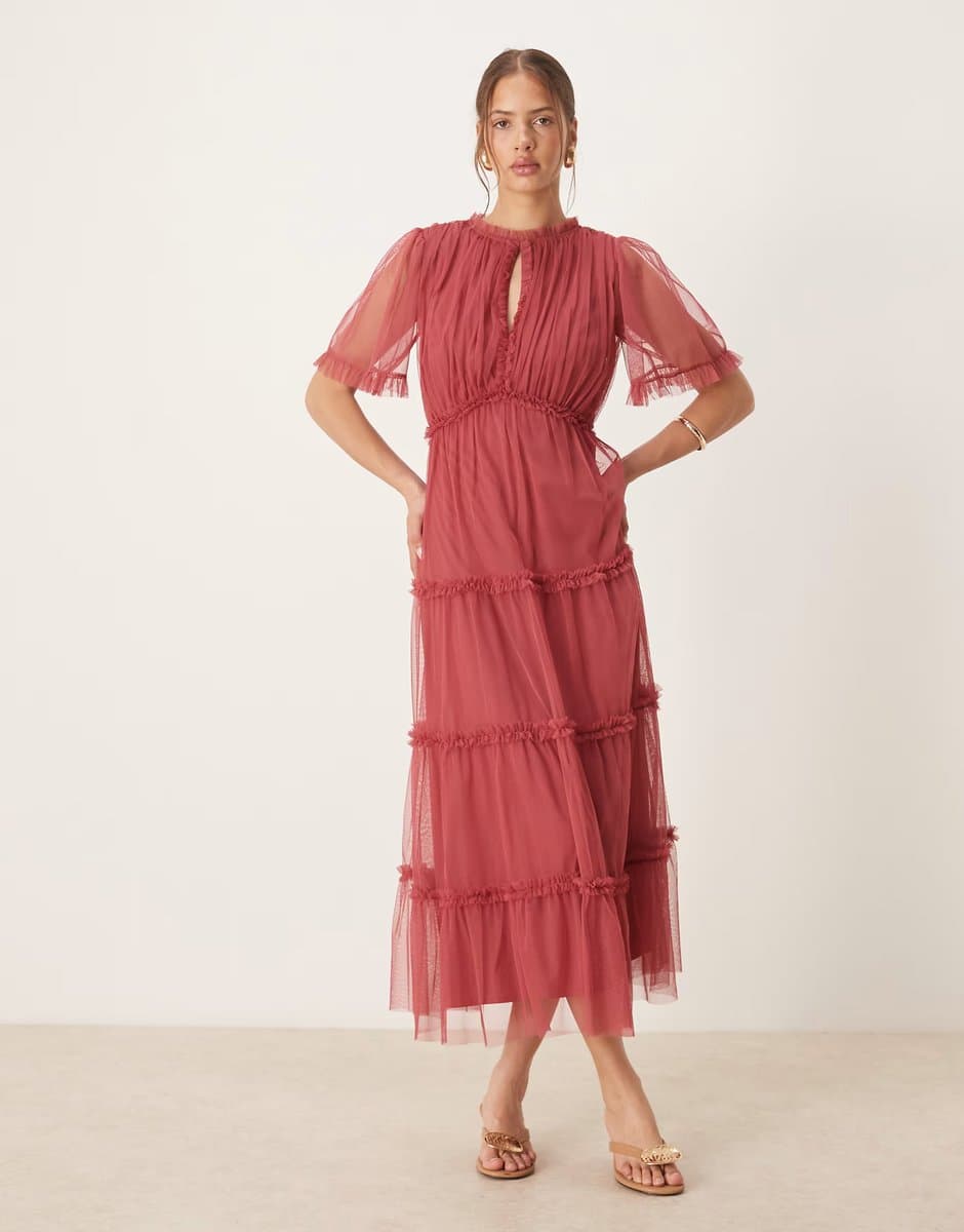 ASOS Anaya Short sleeve frill midaxi dress in garnet rose