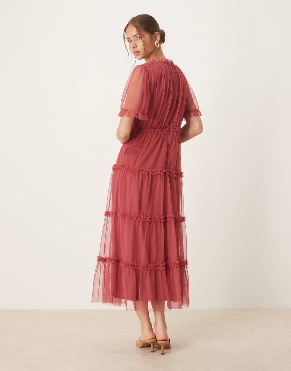 ASOS Anaya Short sleeve frill midaxi dress in garnet rose - 3