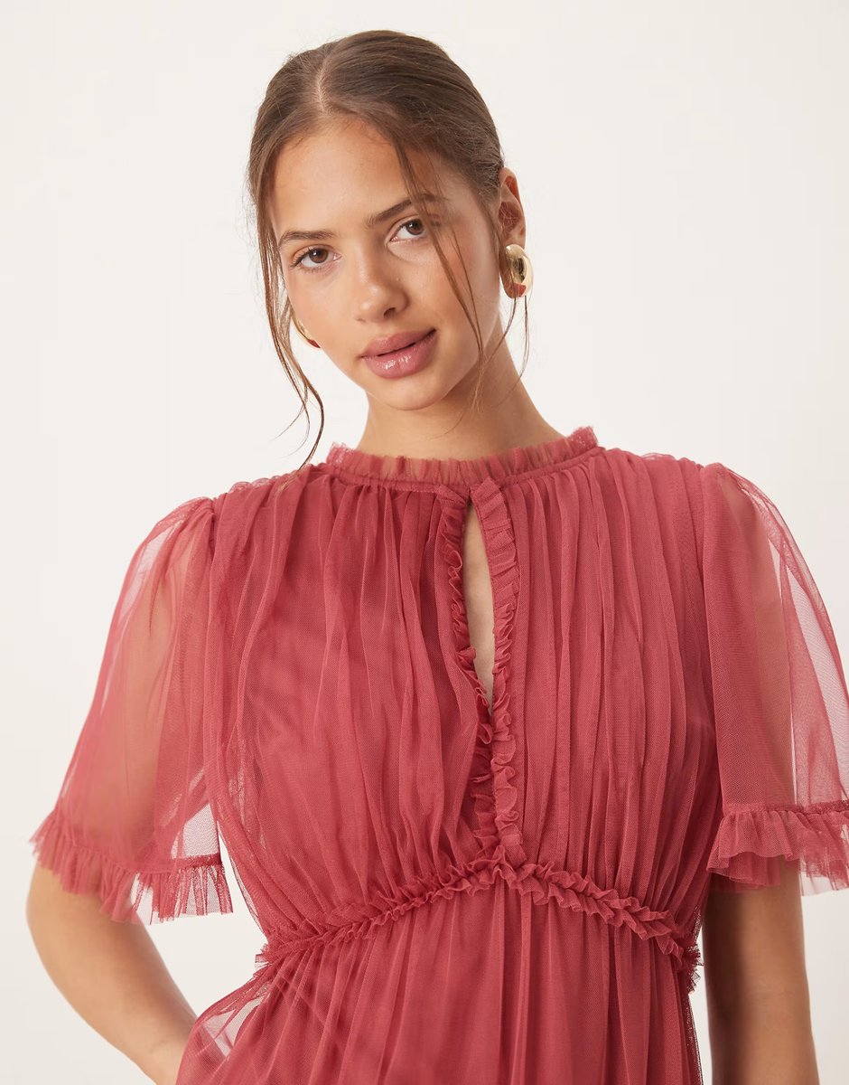ASOS Anaya Short sleeve frill midaxi dress in garnet rose - 4