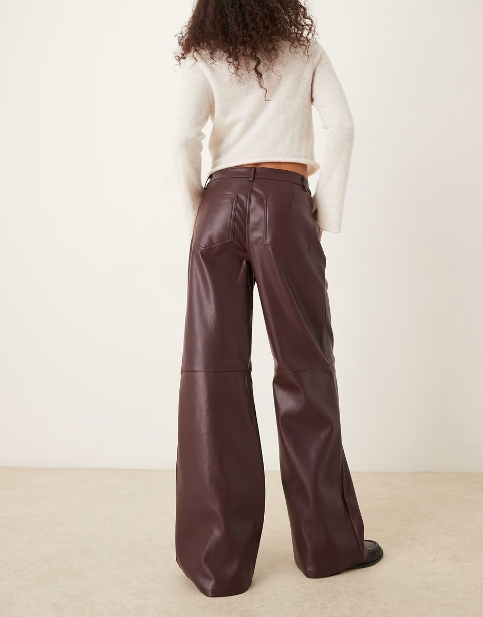 ASOS Gina Tricot PU straight leg trousers in burgundy - 4
