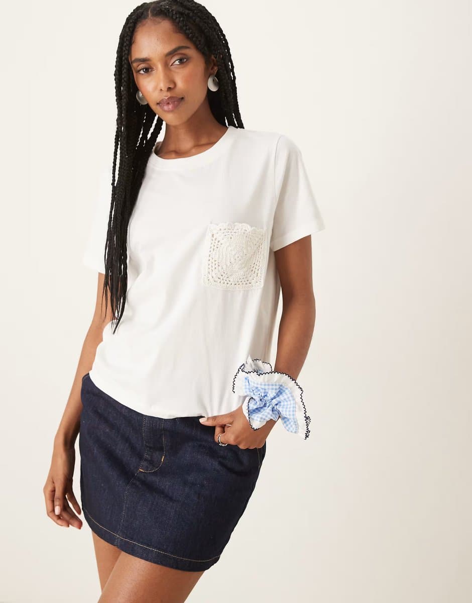 ASOS JDY crochet pocket detail t-shirt in white