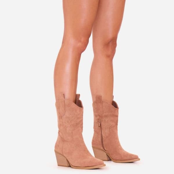 EGO Edessa Embroidered Detail Pointed Toe Western Cowboy Ankle Boot In Tan Brown Faux Suede, Women's Size UK 3