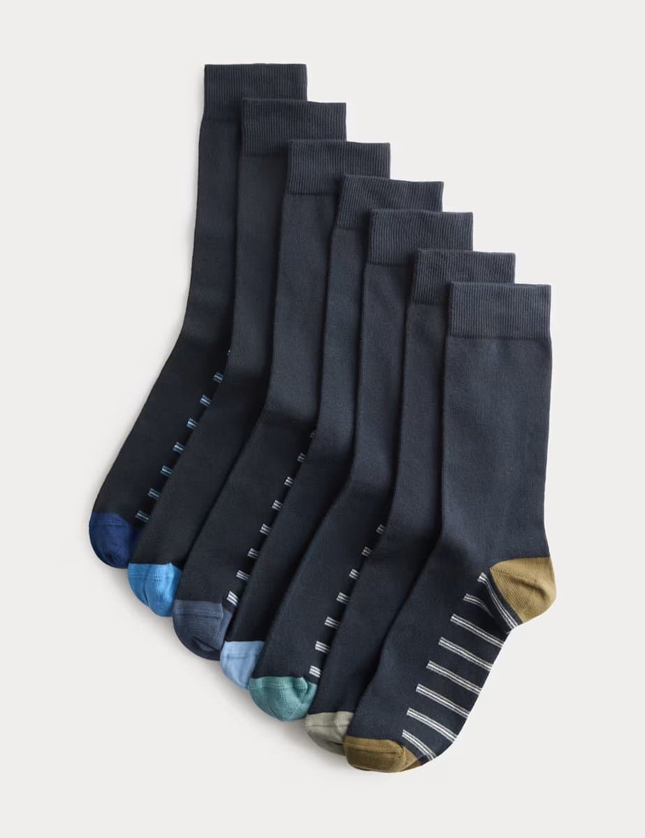Marks & Spencer M&S 7 Pack Cool & Fresh™ Striped Cotton Rich Socks Navy Mix