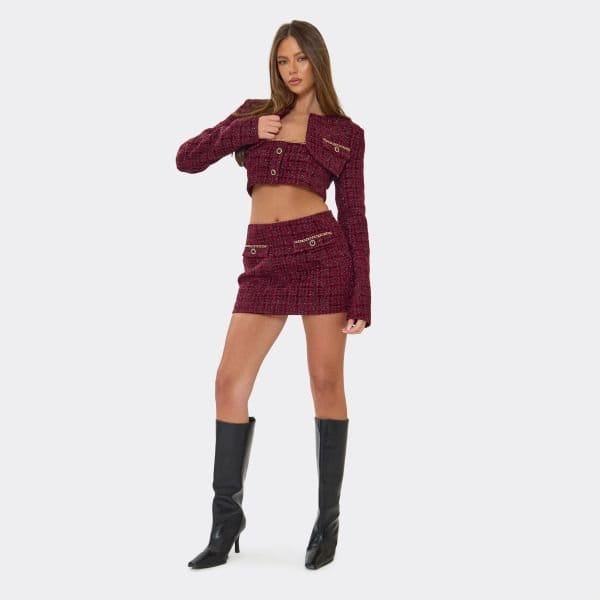EGO Mid Rise Chain Trim Pocket Detail Mini Skirt In Burgundy Tweed, Women's Size UK 8 - 2