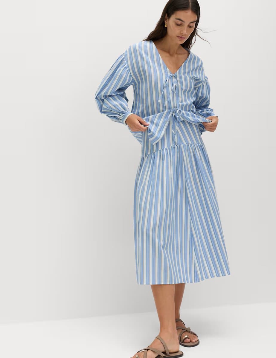 Marks & Spencer M&S Pure Cotton Striped Midi Drop Waist Skirt Blue Mix