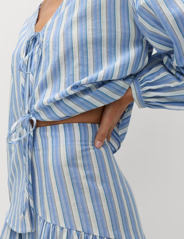 Marks & Spencer M&S Pure Cotton Striped Midi Drop Waist Skirt Blue Mix - 2