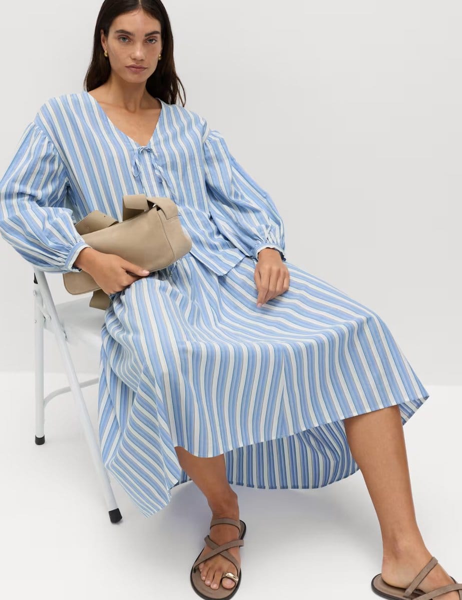Marks & Spencer M&S Pure Cotton Striped Midi Drop Waist Skirt Blue Mix - 4