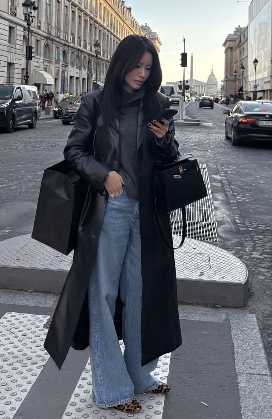  2. Leather trench + quality knit + straight-leg jeans