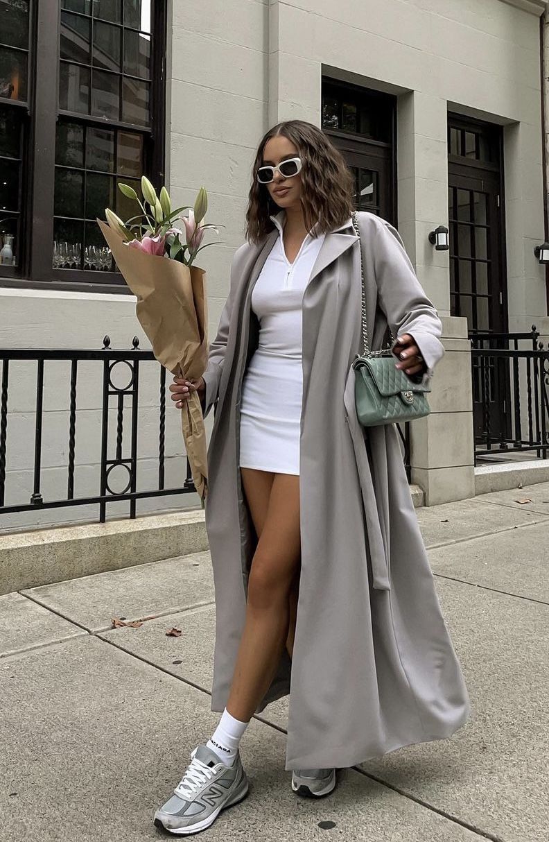4. Oversized trench + cute dress + trainers