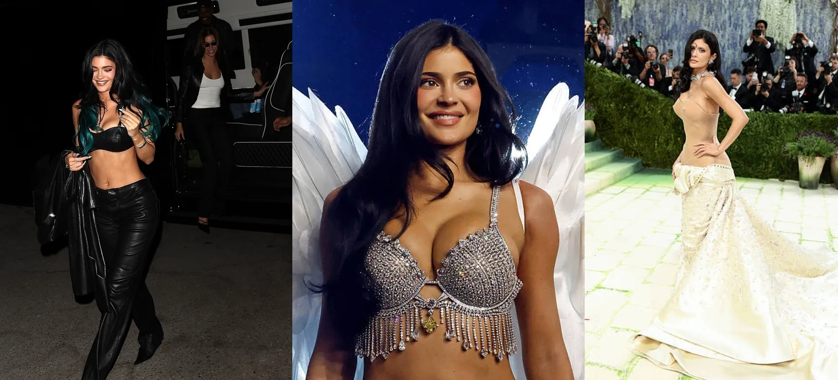 Three photos of Kylie Jenner side by side: in a black leather bra top and leather trousers at night, in the diamond Victoria’s Secret Fantasy Bra with white wings, and in a nude Schiaparelli corset with a cream train on the Met Gala steps