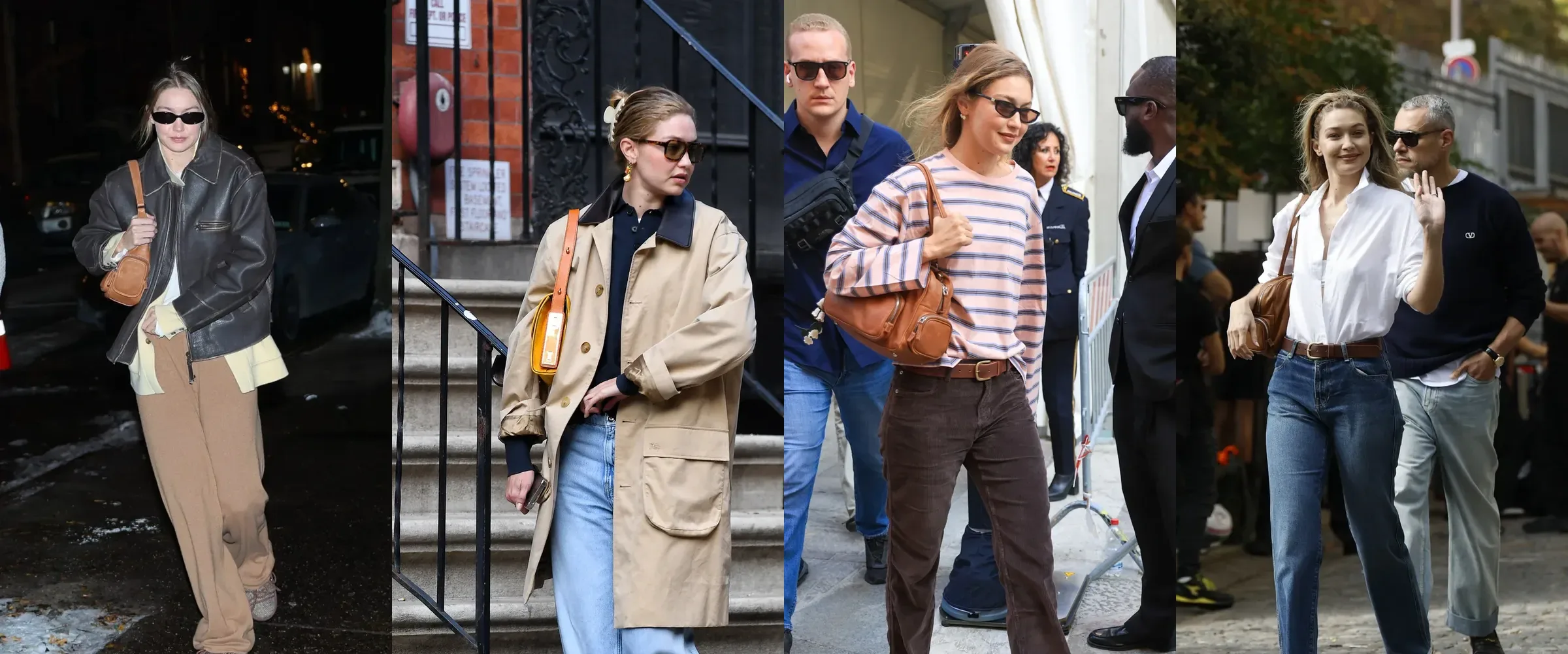 Four street photos of Gigi Hadid side by side: a dark brown leather jacket at night in New York, a khaki barn jacket with light-wash jeans, a pink striped top with brown cords in Milan, and a white shirt with jeans in Paris