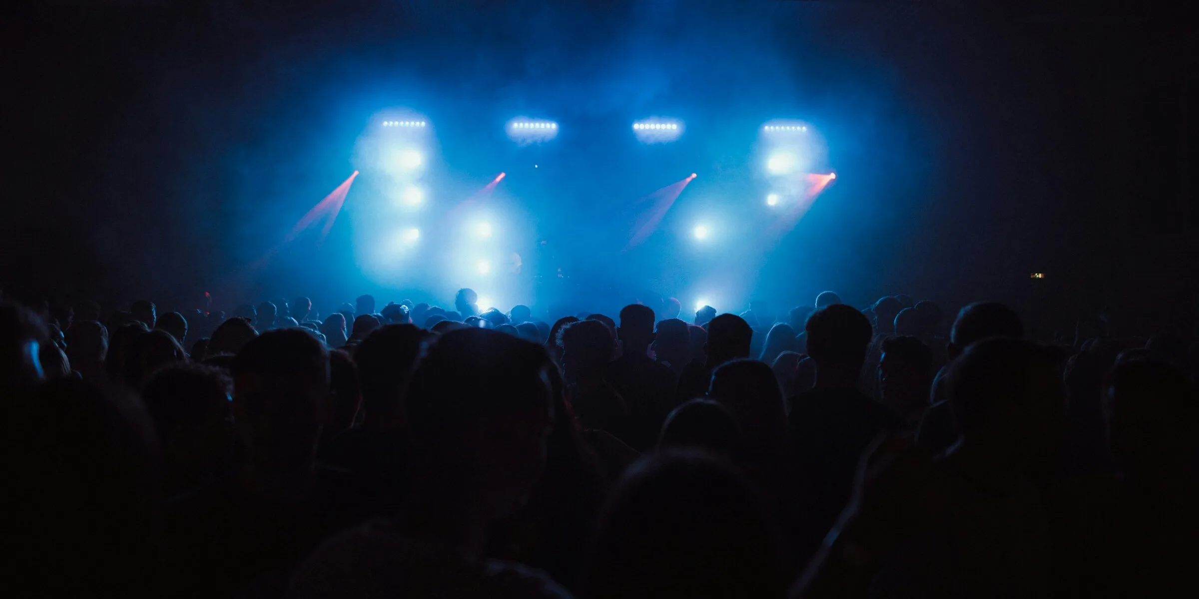 A packed standing crowd photographed from behind, silhouetted against blue and white stage lights in a dark indoor venue.
