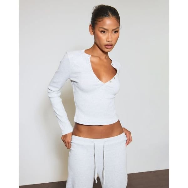 EGO Long Sleeve V Neck Popper Detail Top In Light Grey Marl, Women's Size UK 6 - 2