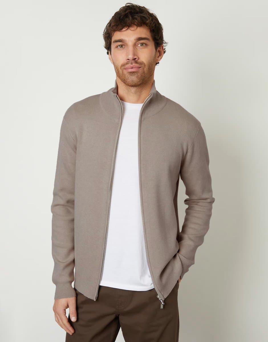 ASOS Threadbare Zip-through funnel neck knitted cardigan in taupe