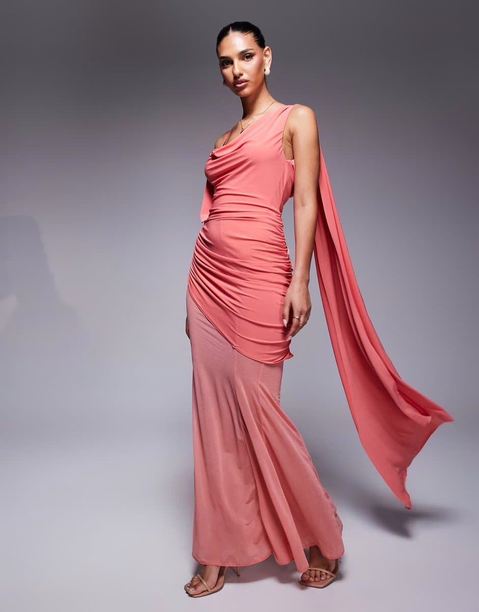 ASOS ASOS DESIGN asymmetric slinky ruched maxi dress with sheer skirt in coral