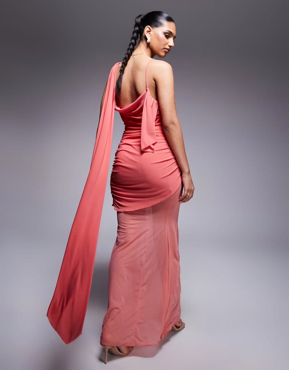 ASOS ASOS DESIGN asymmetric slinky ruched maxi dress with sheer skirt in coral - 4