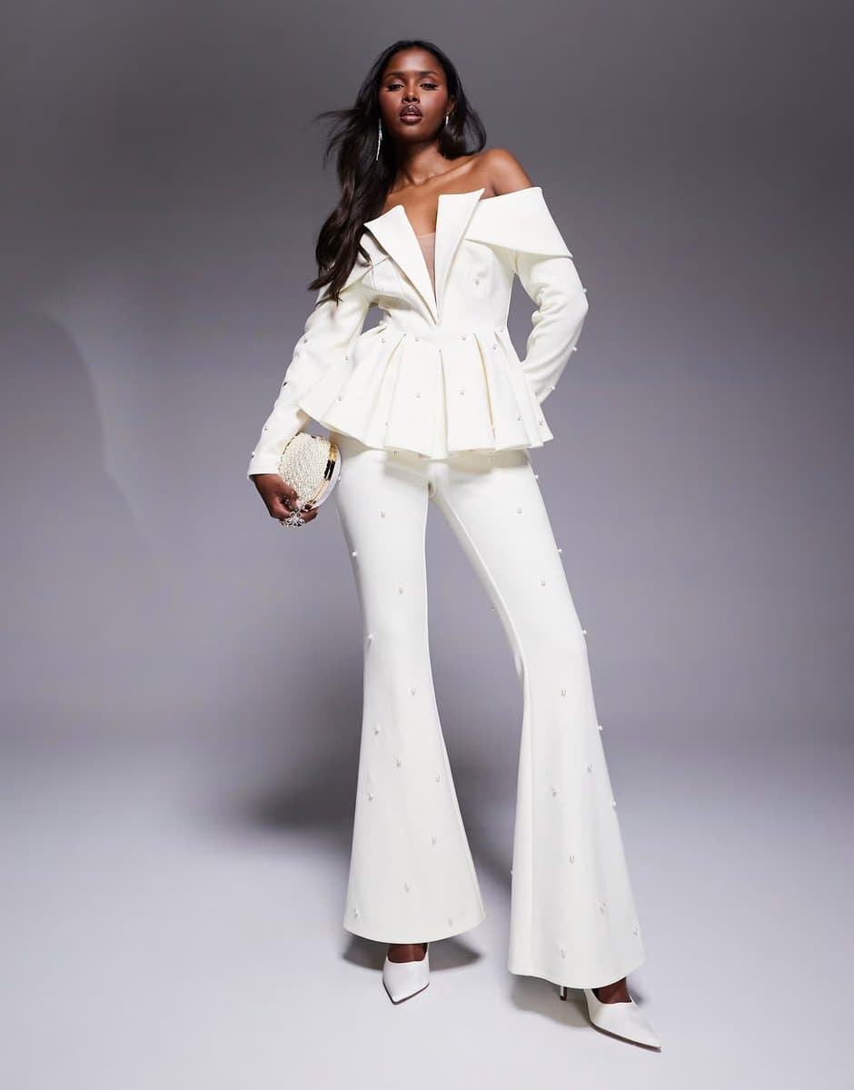 ASOS ASOS LUXE co-ord tailored trouser with pearl embellishment in cream