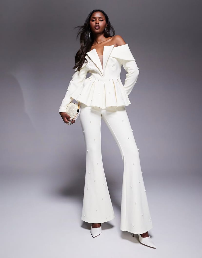ASOS ASOS LUXE co-ord tailored trouser with pearl embellishment in cream - 1