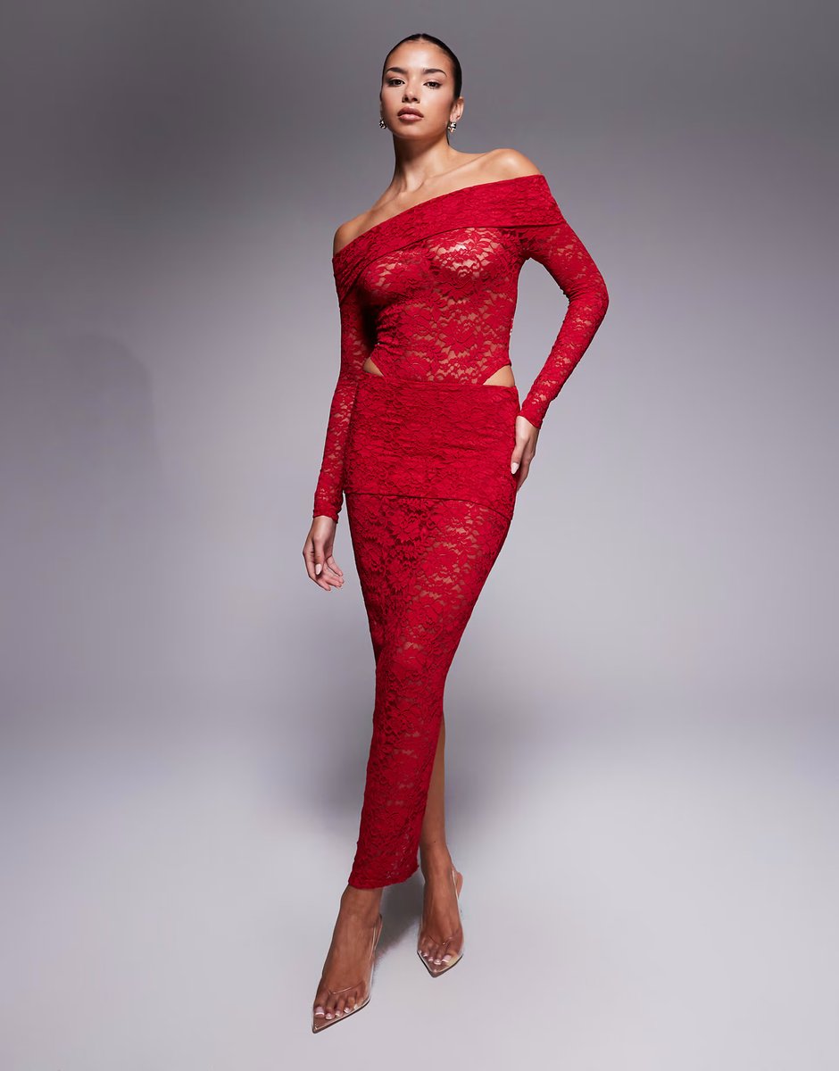 ASOS Murci exclusive sheer lace bardot bodysuit and foldover waist maxi skirt set in red - 1