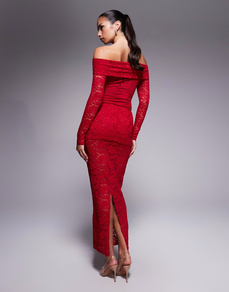 ASOS Murci exclusive sheer lace bardot bodysuit and foldover waist maxi skirt set in red - 3