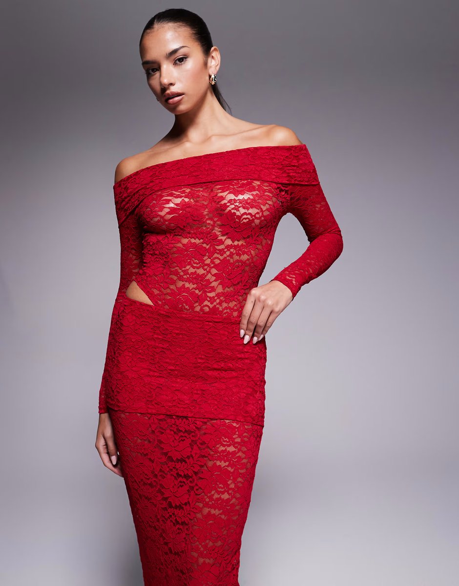 ASOS Murci exclusive sheer lace bardot bodysuit and foldover waist maxi skirt set in red - 4