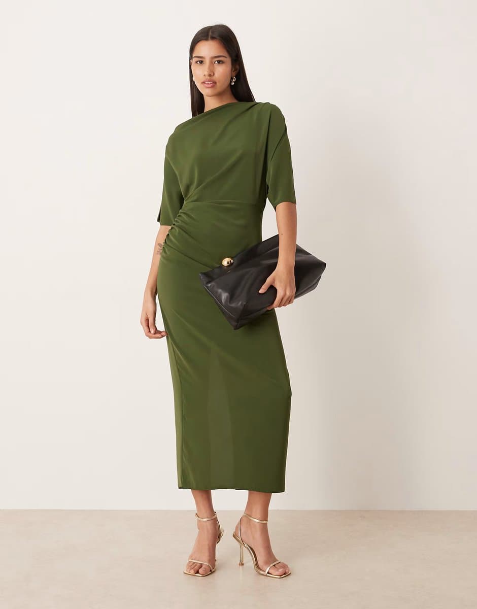 ASOS ASOS DESIGN drop shoulder draped slinky midi dress in olive