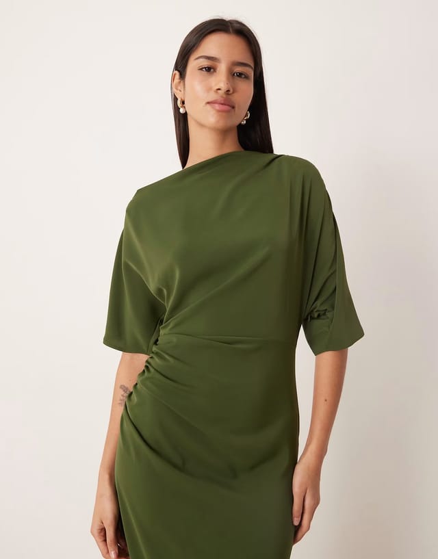 ASOS ASOS DESIGN drop shoulder draped slinky midi dress in olive - 3