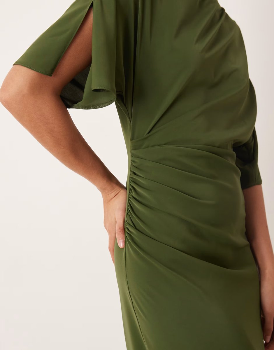 ASOS ASOS DESIGN drop shoulder draped slinky midi dress in olive - 4