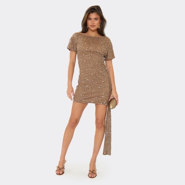 EGO Short Sleeve Drape Detail Mini Dress In Brown Textured Sequin, Women's Size UK 6 - 2