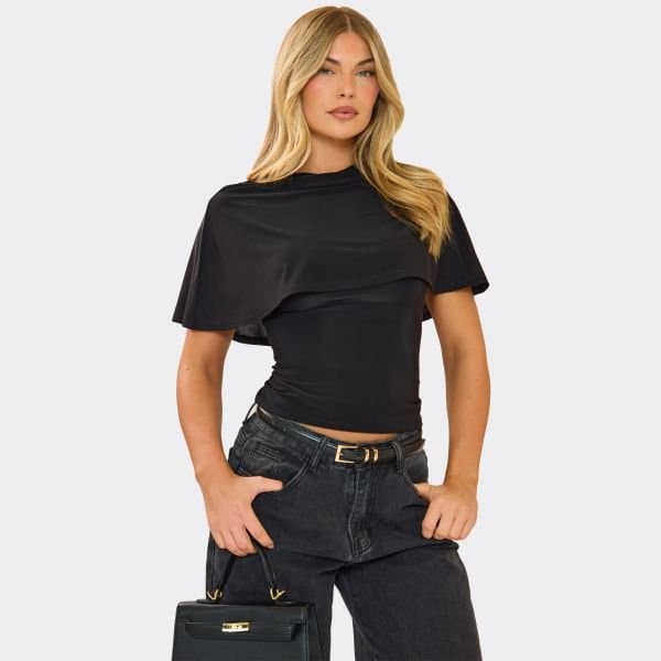 EGO EGO Cape Sleeve Cinched Waist Fitted Top in Black