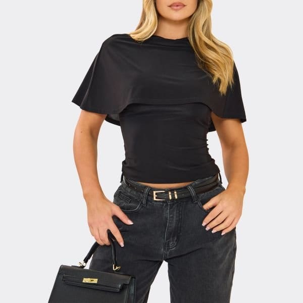 EGO Cape Sleeve Cinched Waist Fitted Top In Black, Women's Size UK 6 - 2