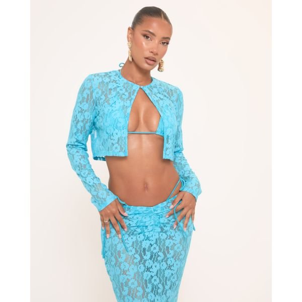 EGO Long Sleeve Button Split Front Cropped Shirt In Blue Lace, Women's Size UK 6 - 2