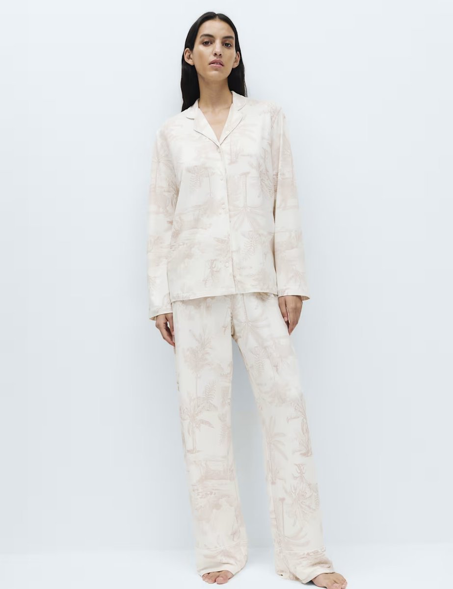 Marks & Spencer M&S Soft Touch Printed Revere Pyjama Set Ivory - 3