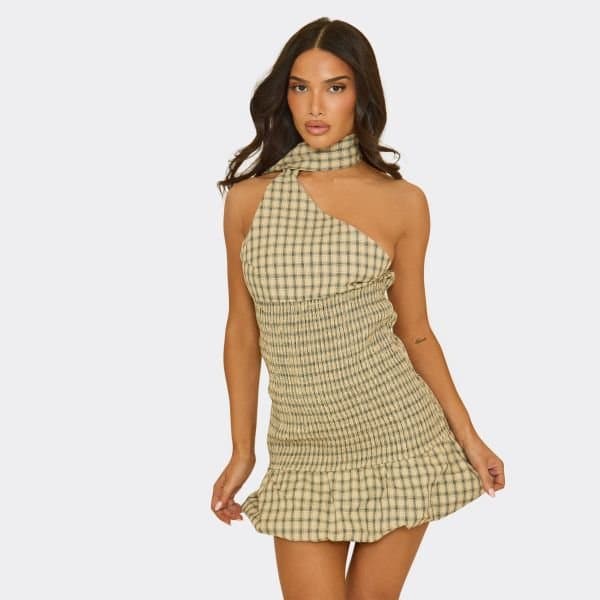 EGO Choker Scarf Detail Shirred Waist Puffball Mini Dress In Cream Check Print, Women's Size UK 6