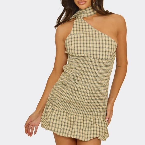 EGO Choker Scarf Detail Shirred Waist Puffball Mini Dress In Cream Check Print, Women's Size UK 6 - 2