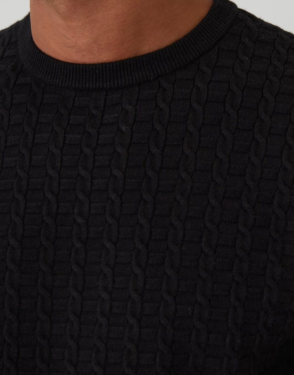 ASOS Threadbare Cable knit crew neck jumper in black - 4