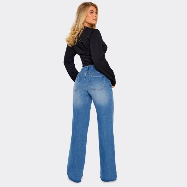 EGO Low Rise Waist Straight Leg Jeans In Mid Blue Wash Denim, Women's Size UK 6 - 2