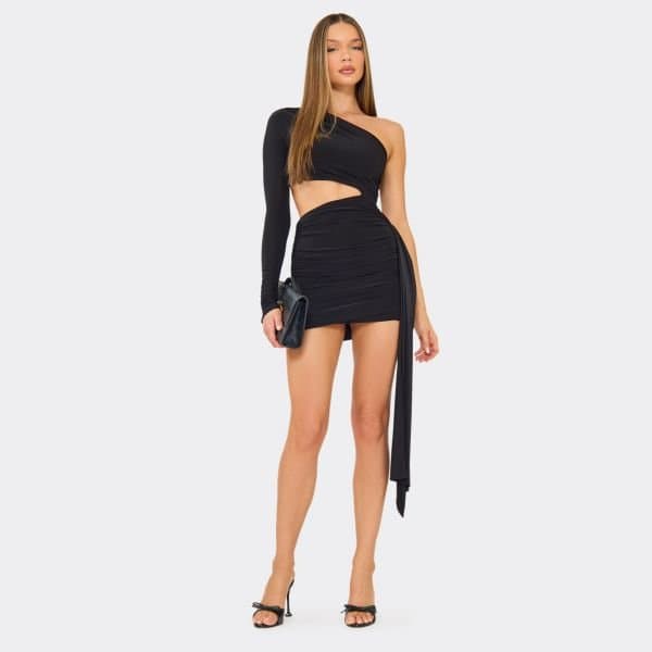 EGO One Shoulder Drape Cut Out Side Detail Mini Dress In Black Slinky, Women's Size UK 6