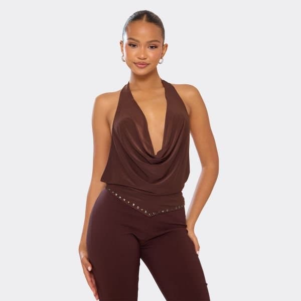 EGO Cowl Halterneck Open Back Studded Detail Top In Chocolate Brown, Women's Size UK 6