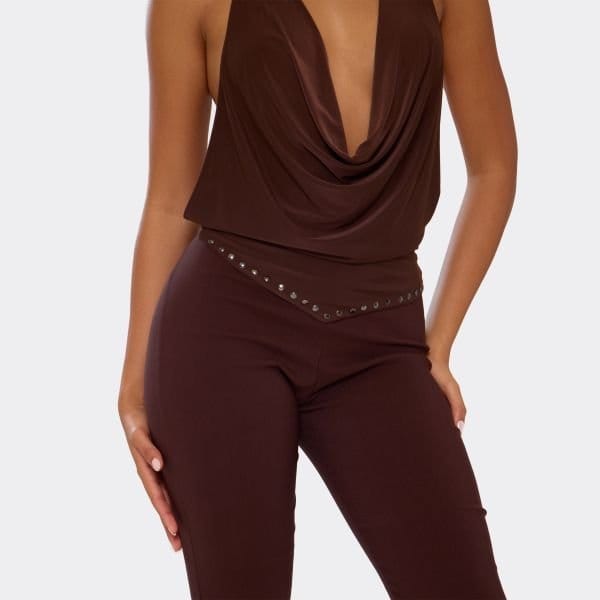 EGO Cowl Halterneck Open Back Studded Detail Top In Chocolate Brown, Women's Size UK 6 - 2