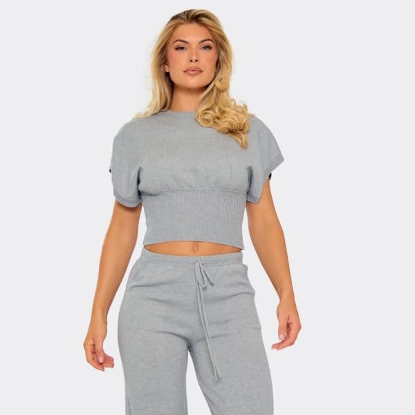 EGO Short Sleeve Cinched Waist Top In Light Grey Knit, Women's Size UK Large L - 1