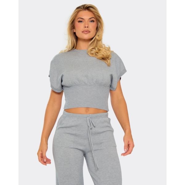 EGO Short Sleeve Cinched Waist Top In Light Grey Knit, Women's Size UK Large L - 2