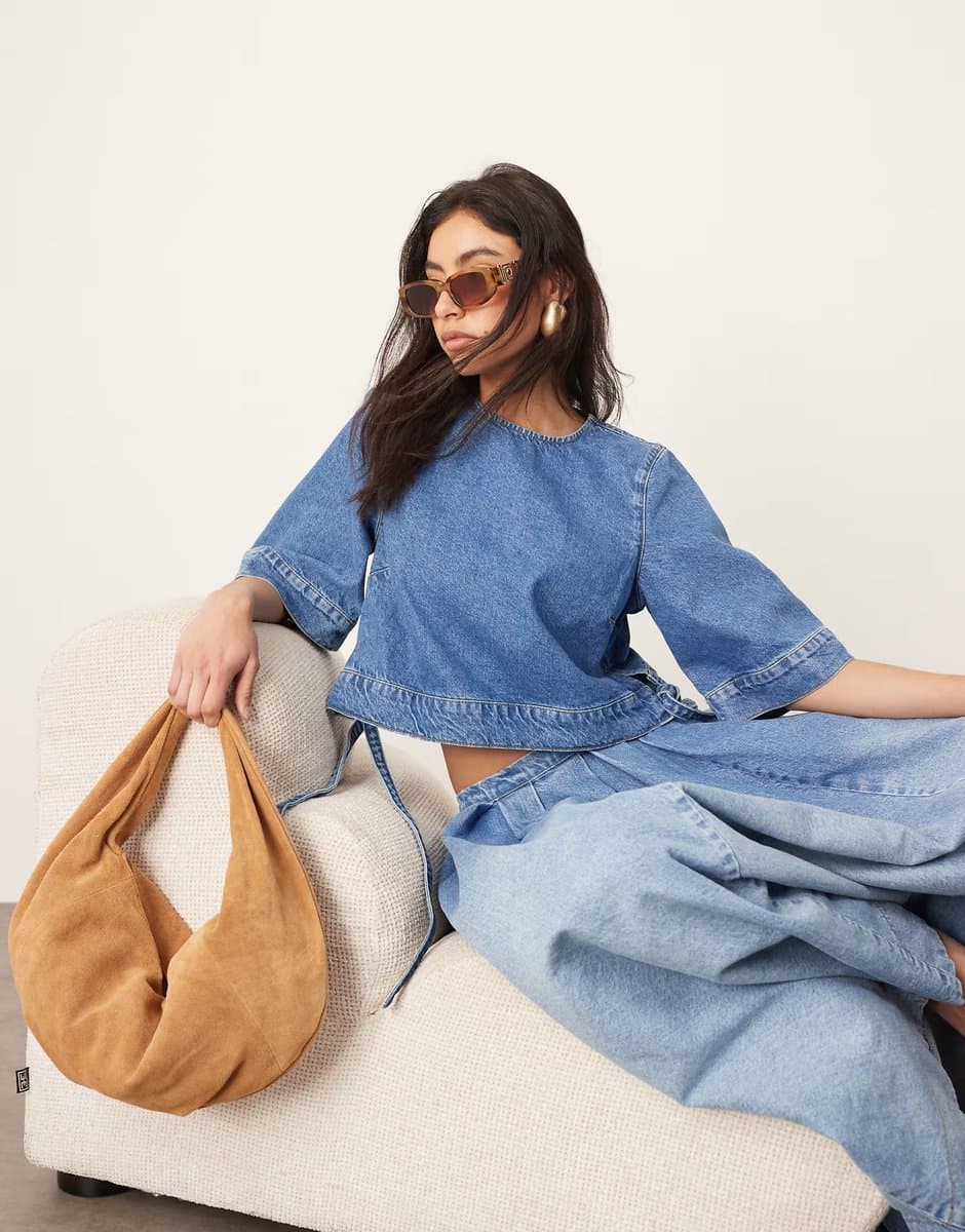 ASOS ARRANGE denim crop tab detail top co-ord in light wash blue