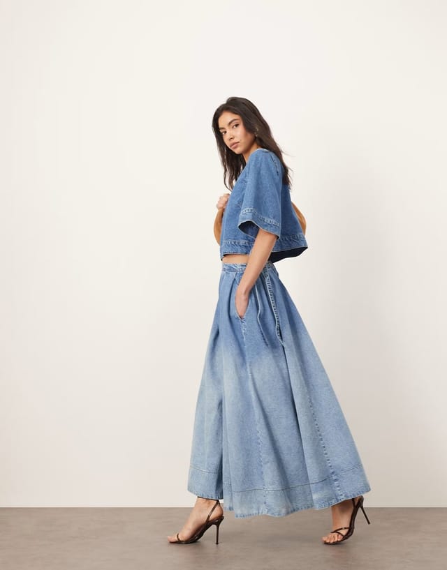 ASOS ARRANGE denim crop tab detail top co-ord in light wash blue - 3